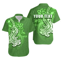 Green Hawaiian shirt with hammerhead shark print and 'YOUR TEXT' on back