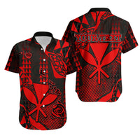 Red and black Hawaiian button-up shirt with tribal print; 'Your Text' visible