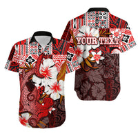 Matching Hawaiian shirt with red, black, and white tropical shark-and-flower print, “YOUR TEXT”