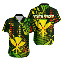 Multicolor Hawaiian short-sleeve shirt with collar, tiki print in green and yellow