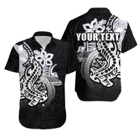 Collared short-sleeve Hawaiian shirt, black with white/gray hammerhead shark design