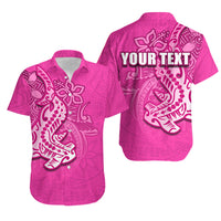 Pink Hawaiian shirts with shark tribal print; one shows YOUR TEXT on back
