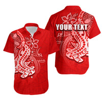 Red Hawaiian shark shirt set: front and back with white graphics and YOUR TEXT