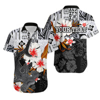 Black/white button-up Hawaiian shirt, shark and hibiscus print; 'Your Text' on chest