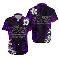 Purple button-up Hawaiian shirt with 'Love Dad' graphic and hibiscus flowers