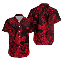 Red/black short-sleeve button-up shirt with floral and swirl Polynesian print (front/back)