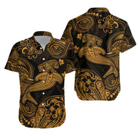 Black button-up Hawaiian shirt with gold floral and scroll print, short sleeves