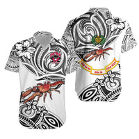 White unisex Hawaiian shirt with bold black tribal graphic and lobster-style print