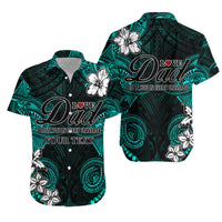 Turquoise and dark Dad button-up Hawaiian shirt with hibiscus print, Love Dad text