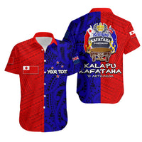 Unisex Hawaiian shirt, red/blue with custom front graphic and button placket