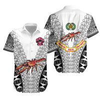 White rugby Hawaiian shirt with black geometric tapa-style print, back and front views