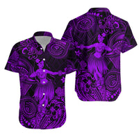 Purple Hawaiian-style short-sleeve shirt with open collar, hula dancer and floral print