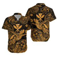 Short-sleeve Hawaiian shirt, Polynesian turtle and floral motifs, gold on black