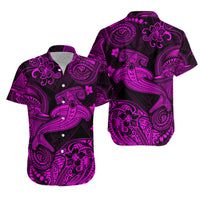 Hawaiian button-up shirt with bold pink-purple tribal print, short sleeves, front view