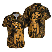 Short-sleeve button-up shirt, black with gold Polynesian king map print (front/back)