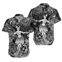 Black short-sleeve Hawaiian shirt with white Polynesian hula dancer and floral swirl print