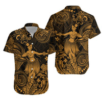 Matching Hawaiian shirt with collar, black and gold swirl hula dancer print