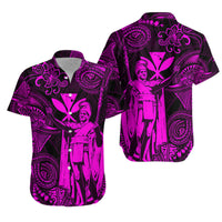 Short-sleeve button-up shirt with pink Polynesian-style print, front view