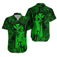 Green button-up short-sleeve shirt with Polynesian-style print, front and back views