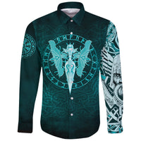 Viking Long Sleeve Button Shirt Cyan Spear Of The God Odin Gungnir and Two Cyan Ravens Style RLT12 - Wonder Print Shop
