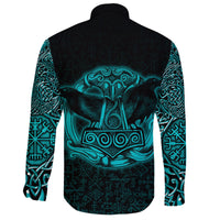 Viking Long Sleeve Button Shirt Raven Mjolnir Yggdrasil Cyan RLT12 - Wonder Print Shop
