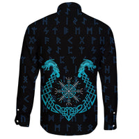 Viking Long Sleeve Button Shirt, Aegishjalmur Helm Of Awe Blue Edition RLT12 - Wonder Print Shop