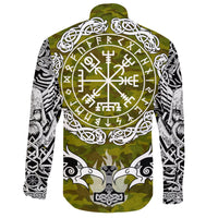 Viking Long Sleeve Button Shirt Raven Of Odin and Symbol Viking On Camo Background RLT12 - Wonder Print Shop