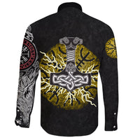 Viking Long Sleeve Button Shirt Fenrir Fight Mjolnir Of Thor On Helm Of Awe RLT12 - Wonder Print Shop