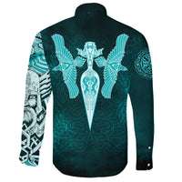 Viking Long Sleeve Button Shirt Cyan Spear Of The God Odin Gungnir and Two Cyan Ravens Style RLT12 - Wonder Print Shop