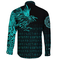 Viking Long Sleeve Button Shirt The Raven Of Odin Rune Cyan RLT12 - Wonder Print Shop