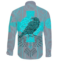 Viking Long Sleeve Button Shirt Odin's Celtic Raven Scandinavian Tattoo Style Cyan RLT12 - Wonder Print Shop