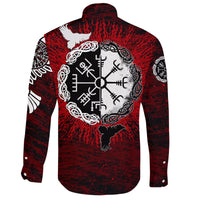 Viking Long Sleeve Button Shirt Raven Of Odin and Symbol Viking On Blood Background RLT12 - Wonder Print Shop