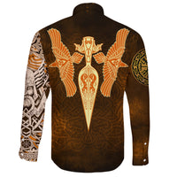 Viking Long Sleeve Button Shirt Gold Spear Of The God Odin Gungnir and Two Gold Ravens RLT12 - Wonder Print Shop