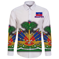Haiti Long Sleeve Button Shirt Flag With Coat Of Arm (White) - Wonder Print Shop