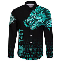 (Custom) Viking Long Sleeve Button Shirt Fenrir Wolf Cyan Near Shoulder RLT12 - Wonder Print Shop