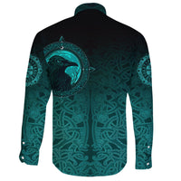 Viking Long Sleeve Button Shirt, Ethnic Odin Raven Cyan RLT12 - Wonder Print Shop