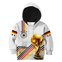 Kids white hoodie with black hood lining, Germany flag stripes, and trophy graphic front