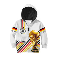 Kids white zip hoodie with black hood lining, Germany flag stripes, and trophy graphic front
