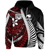 Black rugby hoodie with red-and-white tribal print, hood and drawstring.