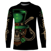 Personalized Happy St Patrick's Day Skull Fish Hook Long Sleeve Fishing Shirts, St Paddy's Day Fishing Gifts, Fishing Long Sleeve Shirts - Wonder Print Shop
