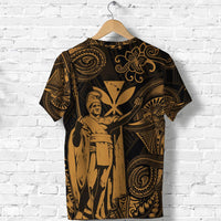 Black crew-neck T-shirt with centered gold portrait and geometric Polynesian patterns