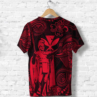 Red graphic T-shirt with Kamehameha portrait and geometric Polynesian scroll patterns