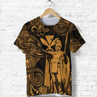 Black crew-neck T-shirt with gold Polynesian portrait print and swirls