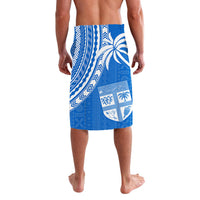 Blue knee-length lavalava with geometric stripe pattern and patchwork motifs
