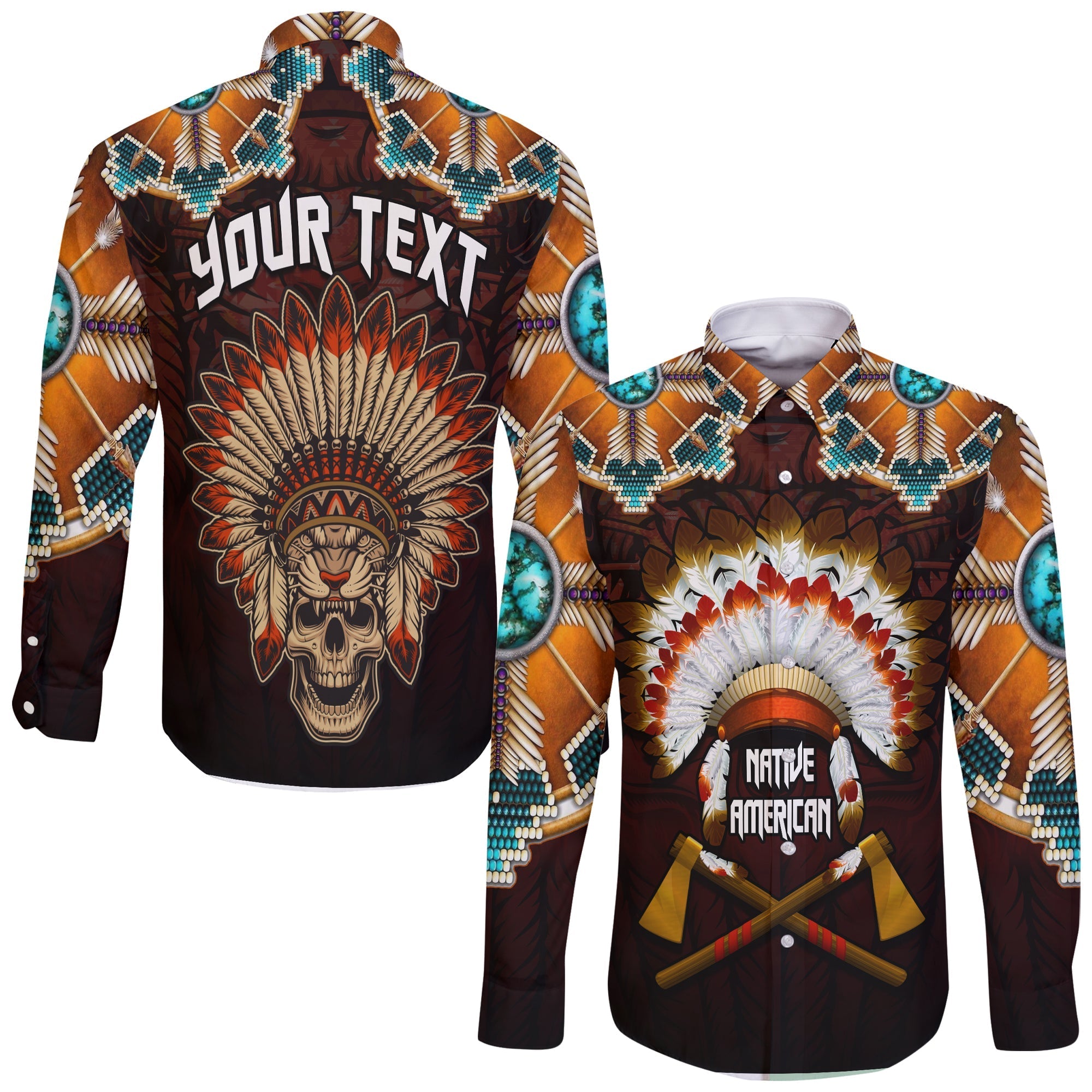 custom-personalised-the-first-americans-long-sleeve-button-shirt-indian-headdress-with-skull