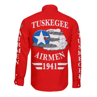 (Custom Personalised) Tuskegee Airmen Hawaii Long Sleeve Button Shirt The Red Tails Simplified Vibes - Red LT8 - Wonder Print Shop