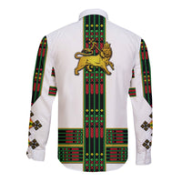 White long-sleeve button shirt back with gold lion and tall green/red patterned stripe