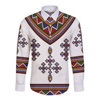 White long-sleeve button shirt with colorful Ethiopian zigzag and diamond print