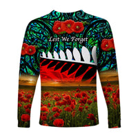 New Zealand Maori ANZAC Long Sleeve Shirt Poppy Vibes Turquoise LT8 - Wonder Print Shop