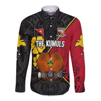 (Custom Text and Number) The Kumuls PNG Long Sleeve Button Shirt Papua New Guinea Polynesian Dynamic Style Black - Wonder Print Shop